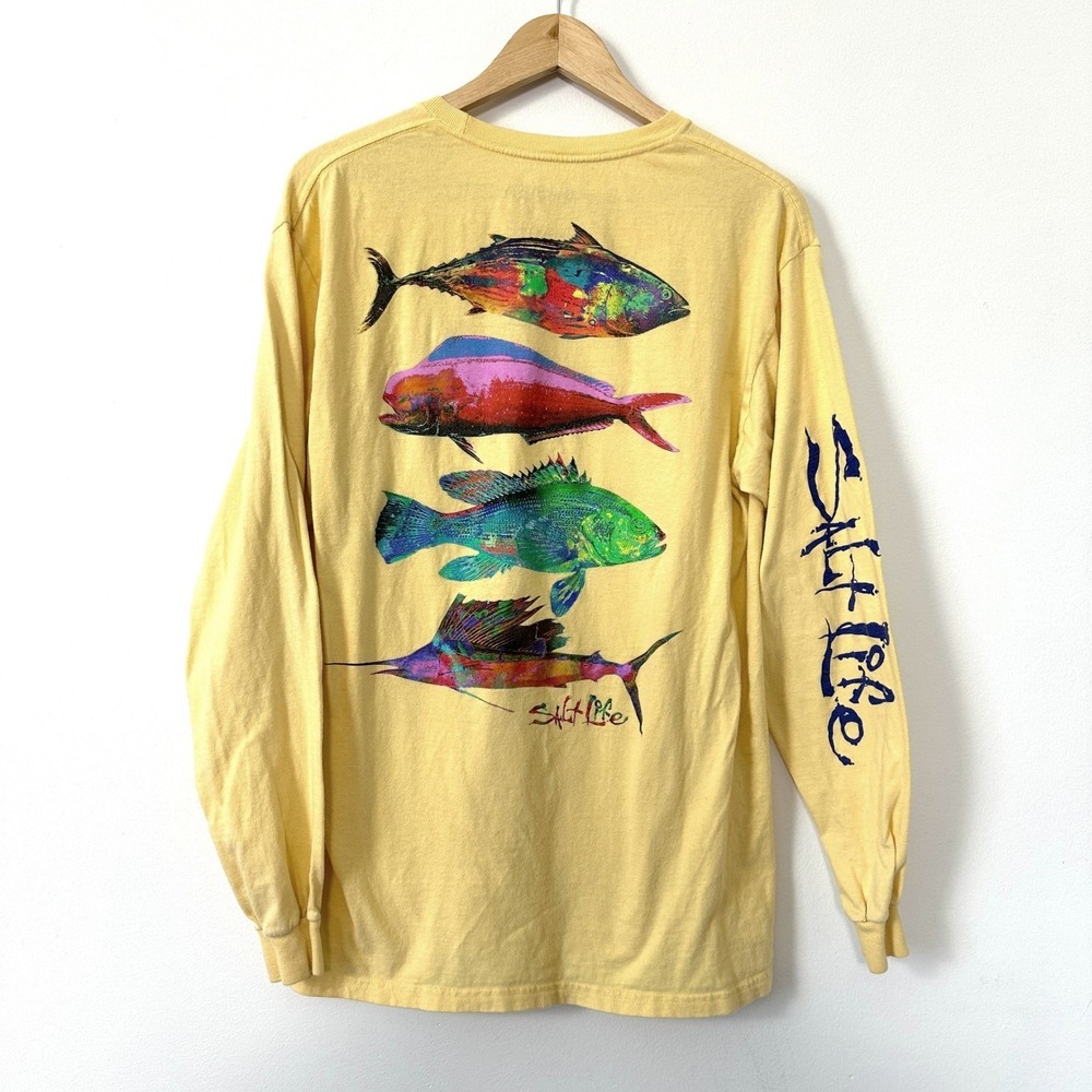 Salt Life Long Sleeve Pocket T Shirt Yellow Fish Graphic Print M Logo Surf Beach